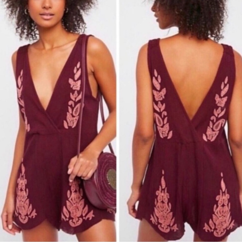 Free People Embroidered Deep Burgundy Sleeveless Romper